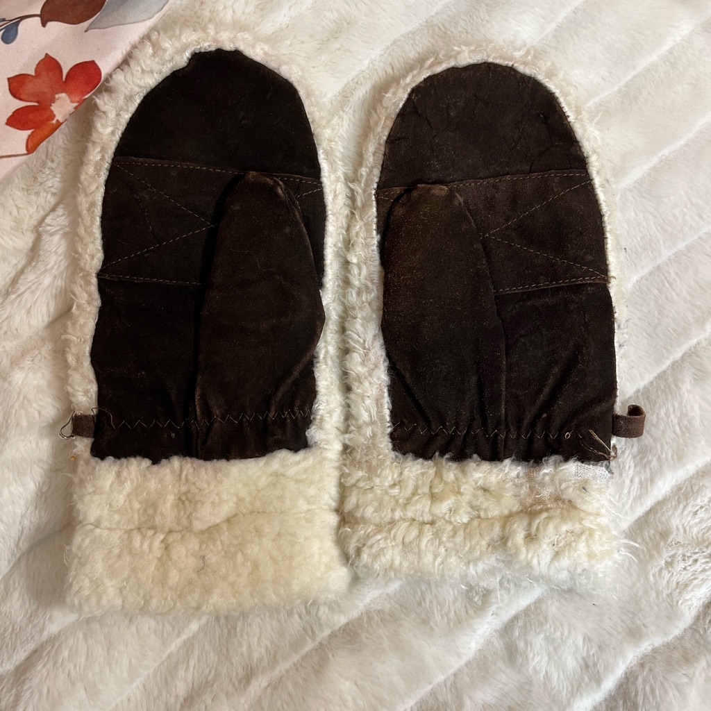 Vtg Avon Osfm Adult Genuine Leather Faux Fur Brown Cream Mittens Fall Winter